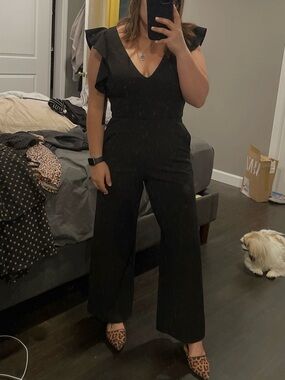 RACHEL Rachel Roy Black V-Neck Flutter Sleeve Wide-Leg Jumpsuit